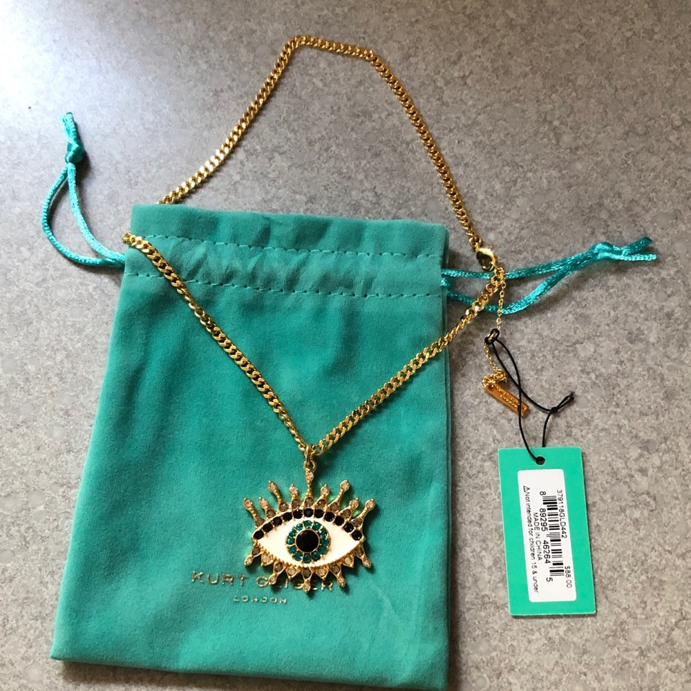 Kurt Geiger Gold Tone Evil Eye Crystal Embellished Pendant Necklace NWT & Pouch